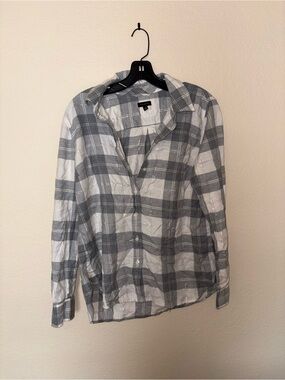 Talbots Gray and White Plaid Long-Sleeve Button Front Top
